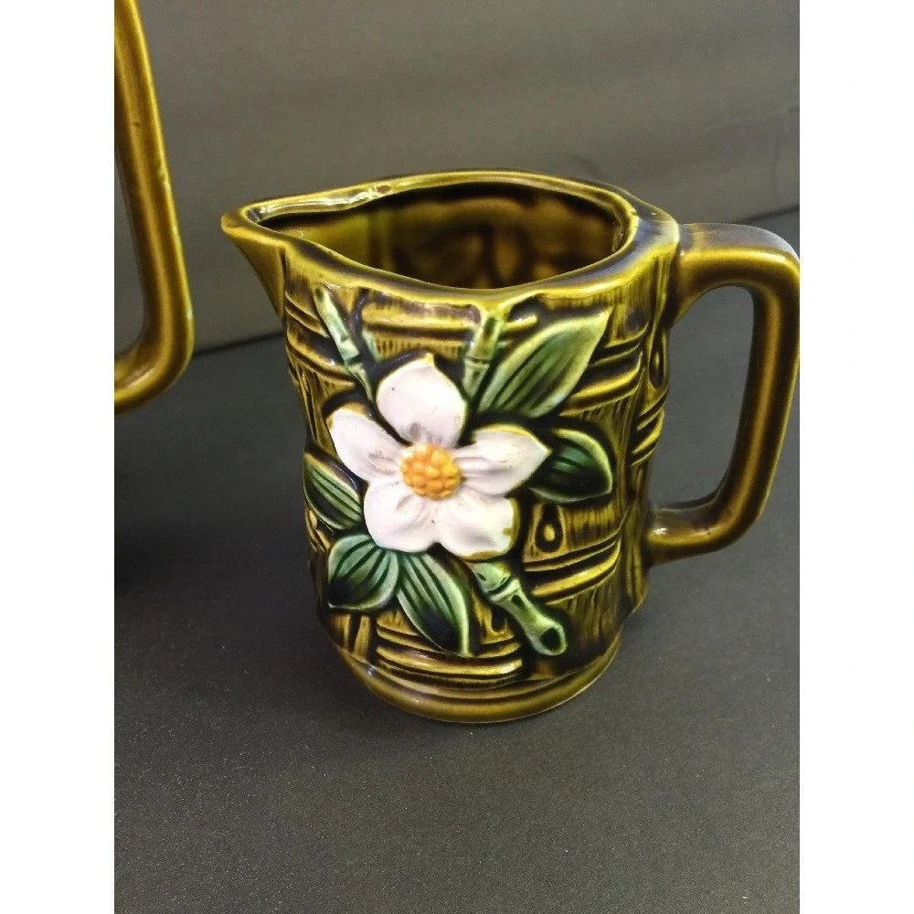 Vintage TILSO Japan Hand Painted‎ Tea Coffee Pot Cream Sugar Bamboo Motif